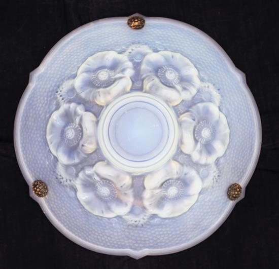 A mid 20th century Sabino style blue tinted frosted glass light circular plaffonier, width 15.75in.
